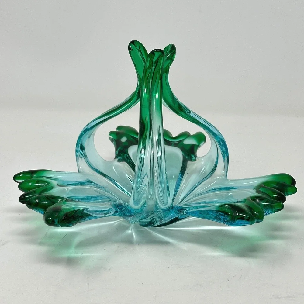 Vintage Murano Style Art Glass Basket Aqua Blue Emerald Green Hand Blown MCM 11